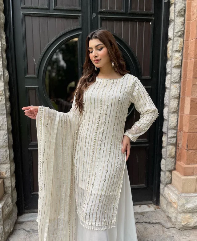 Presenting New Festival Collection With Faux Georgette And Heavy Embroidery Sequence Work Top-Plazo And Dupatta Set Fully Stitched Ready To Wear - White