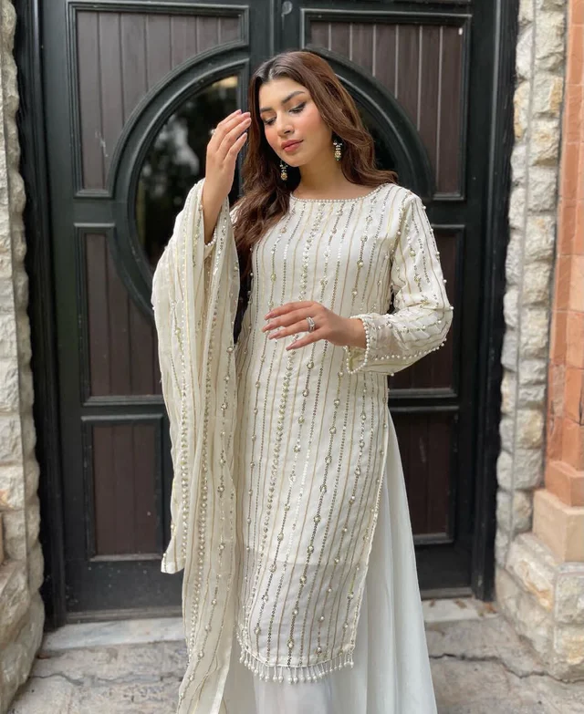 Presenting New Festival Collection With Faux Georgette And Heavy Embroidery Sequence Work Top-Plazo And Dupatta Set Fully Stitched Ready To Wear - White