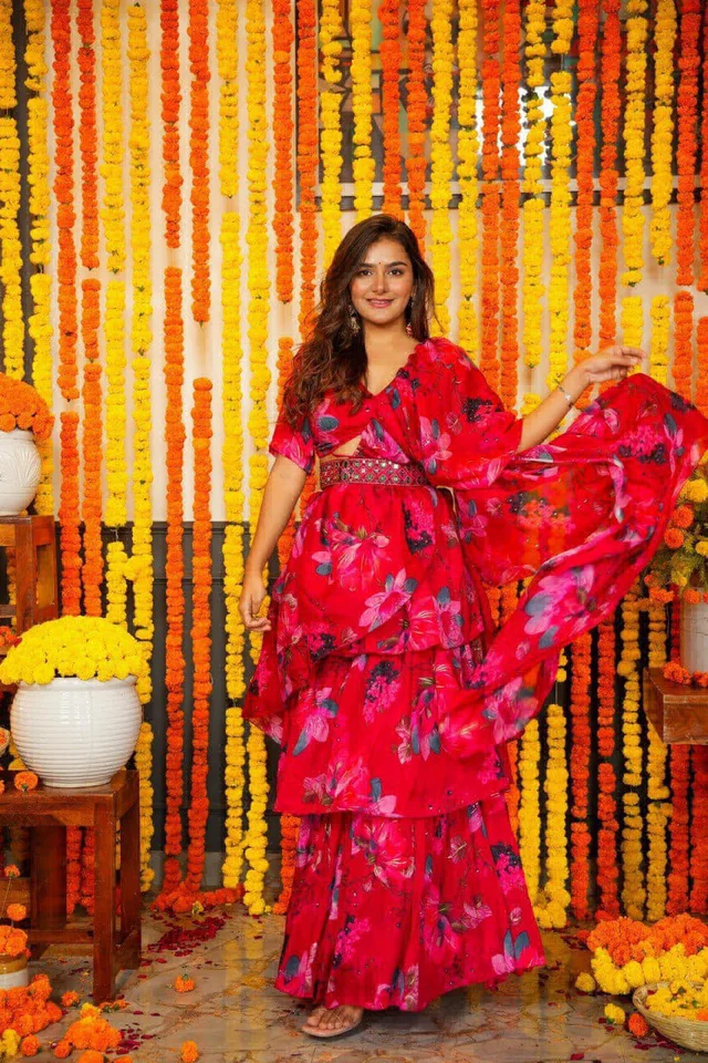 Lahenga Saree Faux Georgette With Digital Print & 3 Layer Ruffle With Attached Dupatta