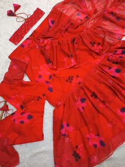 Lahenga Saree Faux Georgette With Digital Print & 3 Layer Ruffle With Attached Dupatta