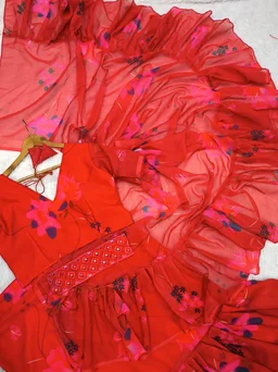 Lahenga Saree Faux Georgette With Digital Print & 3 Layer Ruffle With Attached Dupatta