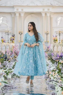 Sky Blue Organza Silk Thread Work Gown - Picton Blue, M(38)