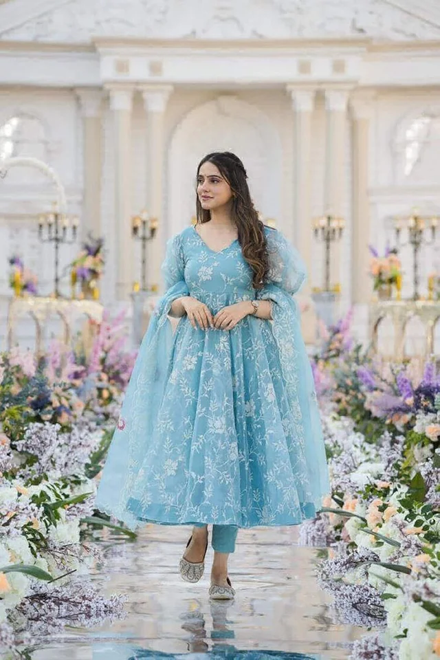 Sky Blue Organza Silk Thread Work Gown - Picton Blue, M(38)