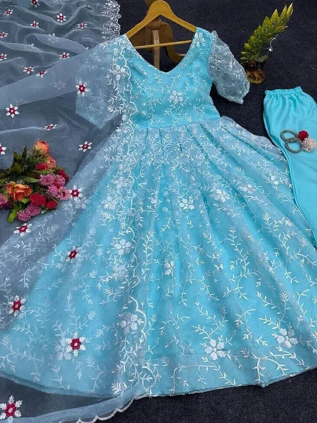 Sky Blue Organza Silk Thread Work Gown - Picton Blue, XL(42)