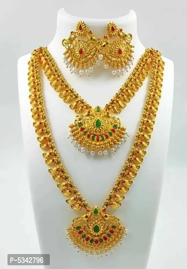Shimmering Golden Alloy Beads Necklace with Earrings For Women