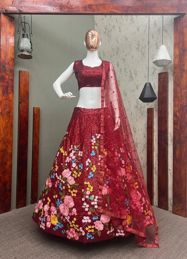 BEUTIQUE STYLES PERFECT MAROON BRIDAL GEORGETTE SEQUANCE WORK LEHENGA CHOLI WITH DUPATTA - Guardsman Red