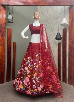 BEUTIQUE STYLES PERFECT MAROON BRIDAL GEORGETTE SEQUANCE WORK LEHENGA CHOLI WITH DUPATTA - Guardsman Red