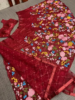 BEUTIQUE STYLES PERFECT MAROON BRIDAL GEORGETTE SEQUANCE WORK LEHENGA CHOLI WITH DUPATTA - Guardsman Red