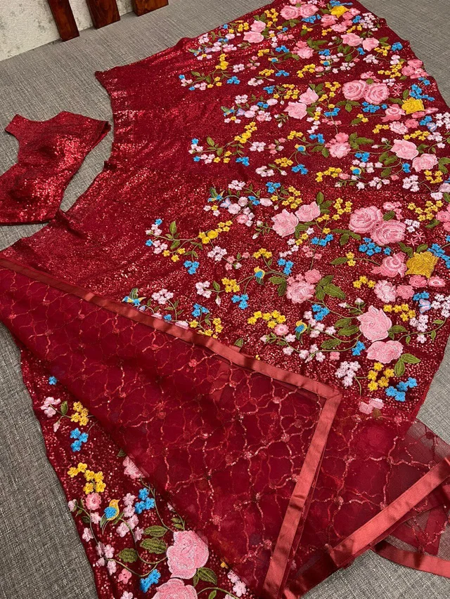 BEUTIQUE STYLES PERFECT MAROON BRIDAL GEORGETTE SEQUANCE WORK LEHENGA CHOLI WITH DUPATTA - Guardsman Red