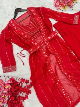 Trending Party Wear Shrug Saree For Women - Red