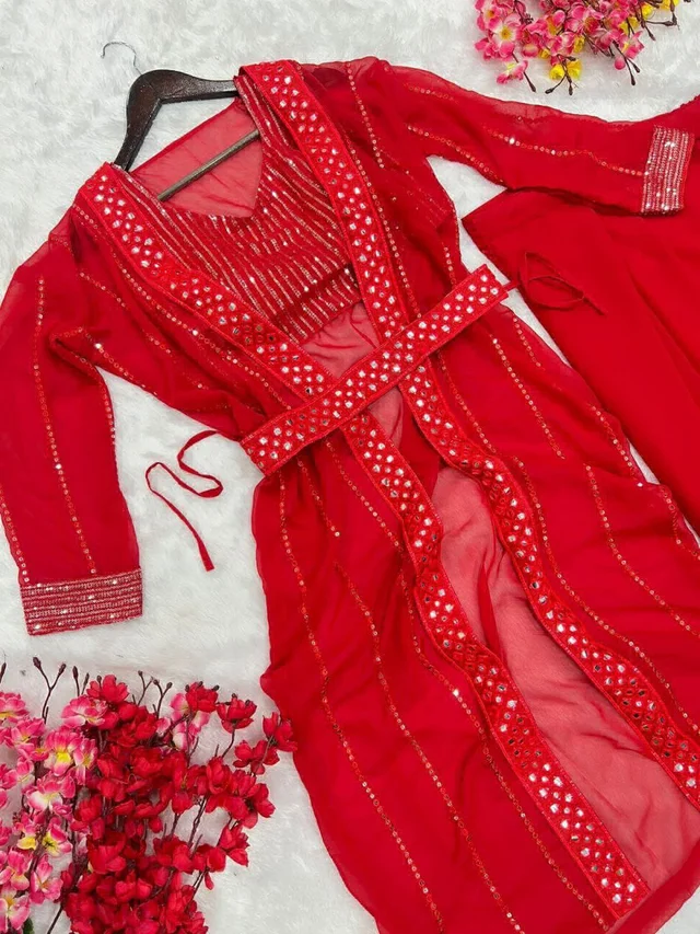 Trending Party Wear Shrug Saree For Women - Red