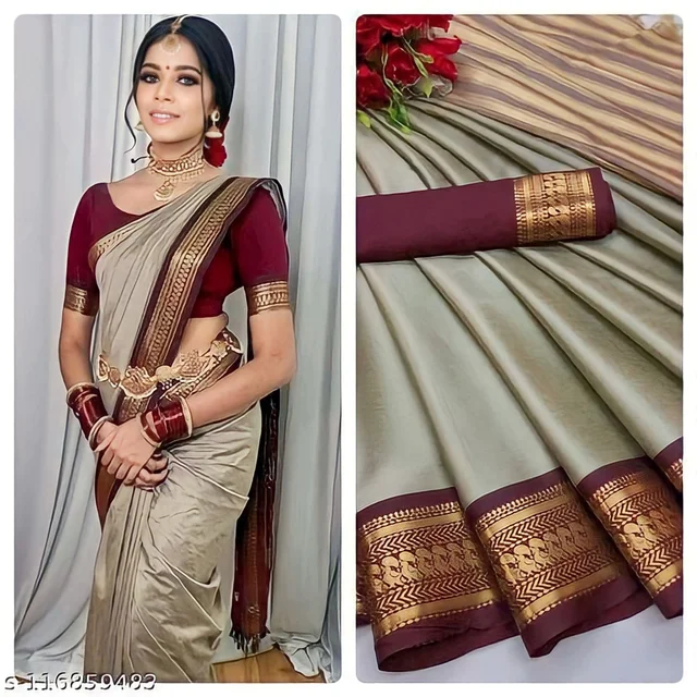 Upstyle Mira Pattu Cotton Silk Saree with Blouse Piece - Free Size, Heathered Gray