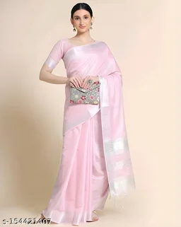 Upstyle Linen Silver Zari Patta Saree With Lilen Blouse - Free Size, Sundown