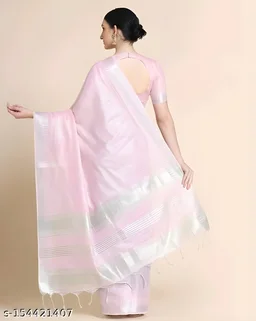 Upstyle Linen Silver Zari Patta Saree With Lilen Blouse - Free Size, Sundown