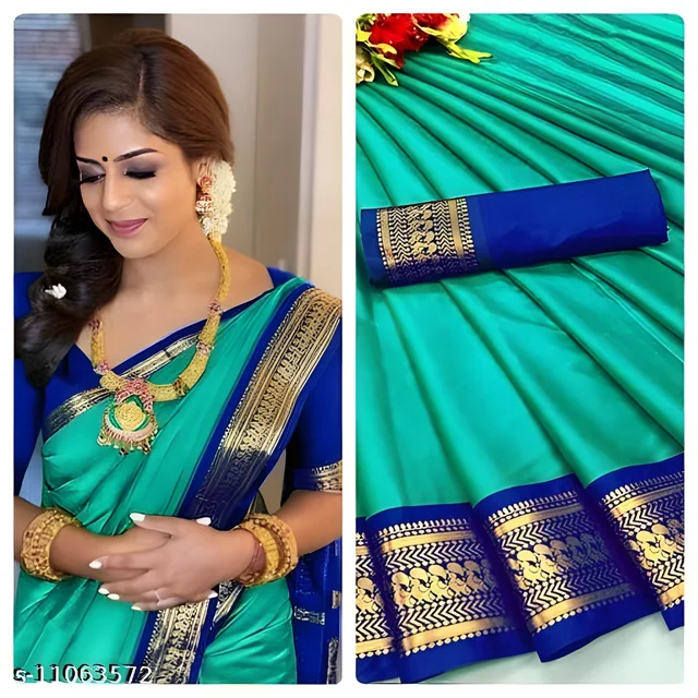 Upstyle Mira Pattu Cotton Silk Saree with Blouse Piece - Turquoise Blue