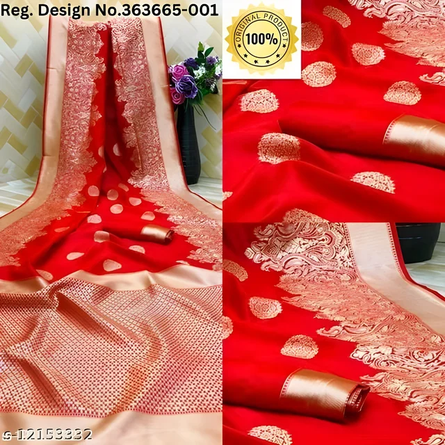 Banarasi Silk Jacquard Saree With Blouse Saree Fabric: Banarasi Silk - Free size, Red Orange