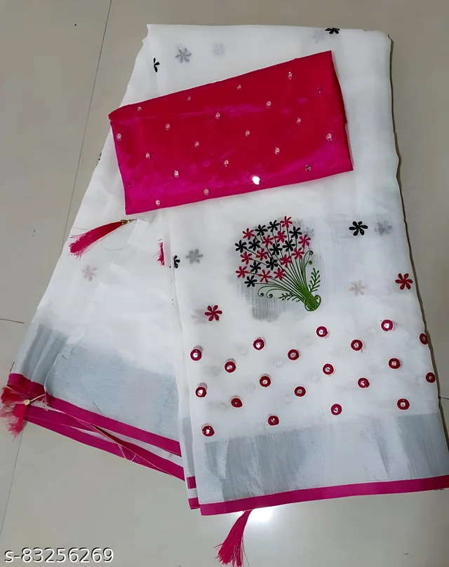 Taant Cotton Mirror Work Saree With Blouse - Carnation