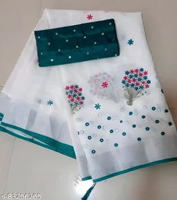 Taant Cotton Mirror Work Saree With Blouse - Free size, Gorse
