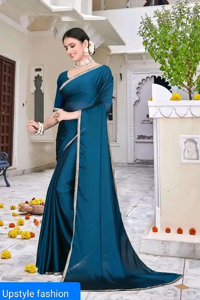 Elegant Teal Blue Satin Saree with Golden Border – Upstyle Fashion Exclusive - FREE SIZE, Azure Radiance, 30