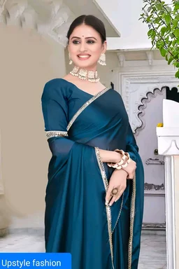 Elegant Teal Blue Satin Saree with Golden Border – Upstyle Fashion Exclusive - FREE SIZE, Azure Radiance, 30