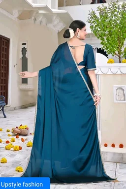 Elegant Teal Blue Satin Saree with Golden Border – Upstyle Fashion Exclusive - FREE SIZE, Azure Radiance, 30