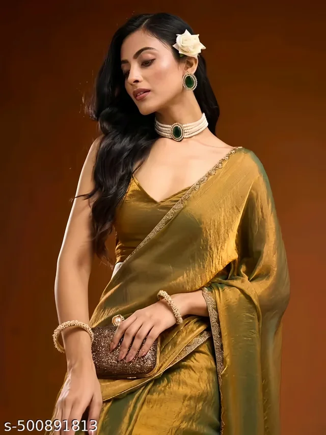 Golden Silk Party Wear Saree for Women – Elegant Designer Saree for Festive & Wedding Look" - FREE SIZE, FREE
