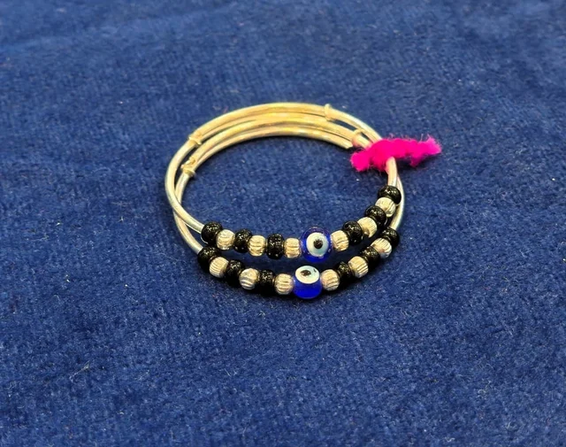 SILVER BABY BANGLES WITH EVIL EYE AND BLACK BEAD KADLI PAIR SIZE ADJUSTABLE - BABY BANGLES, 8 GM