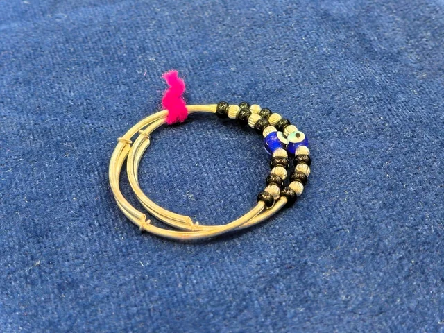 SILVER BABY BANGLES WITH EVIL EYE AND BLACK BEAD KADLI PAIR SIZE ADJUSTABLE - BABY BANGLES, 8 GM
