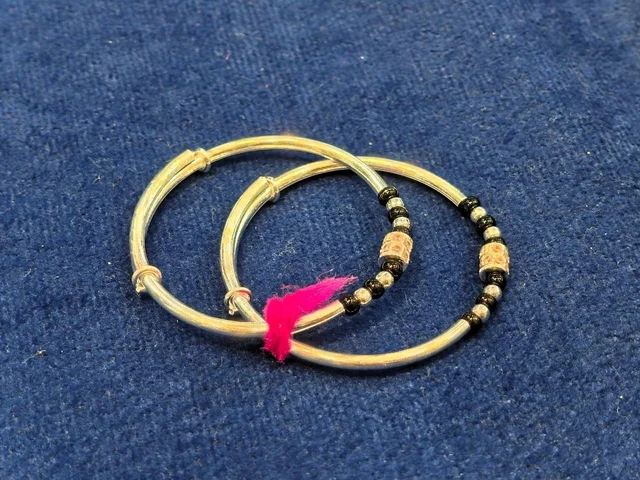 ADJUSTABLE SILVER BABY BANGLES WITH BLACK BEAD KADLI PAIR - BABY BANGLES, 11 GM