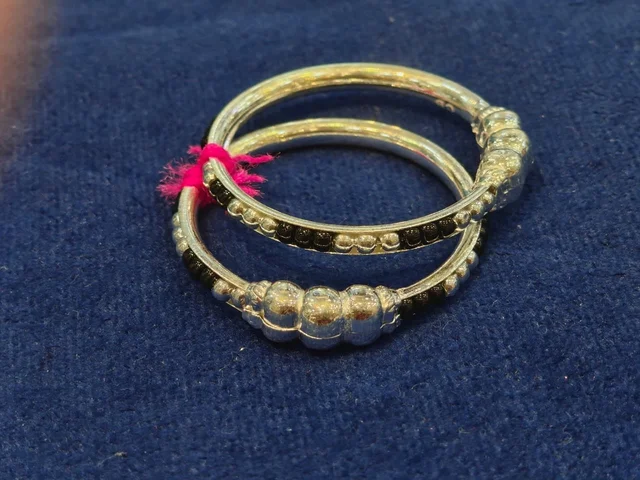 SILVER BABY BANGLES WITH BLACK BEAD KADLI PAIR - BABY BANGLES, 15 GM