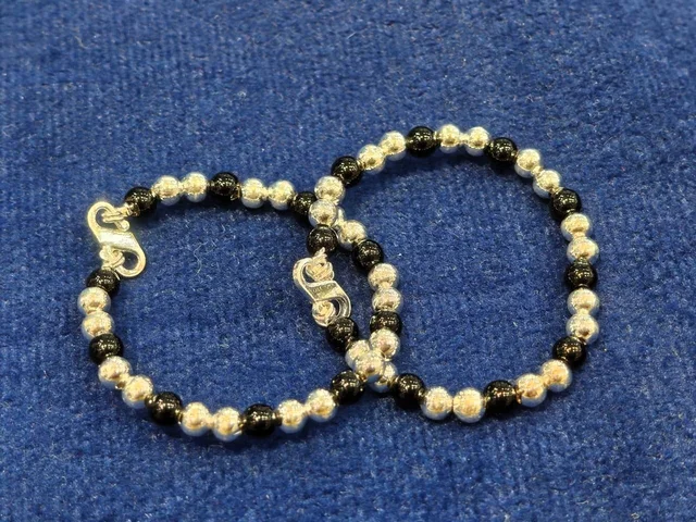 SILVER BABY BANGLES WITH BLACK BEAD KADLI PAIR - BABY BANGLES, 9 GM