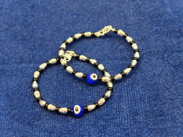 SILVER BABY BANGLES WITH EVIL EYE BLACK BEAD KADLI PAIR - BABY BANGLES, 5 GM
