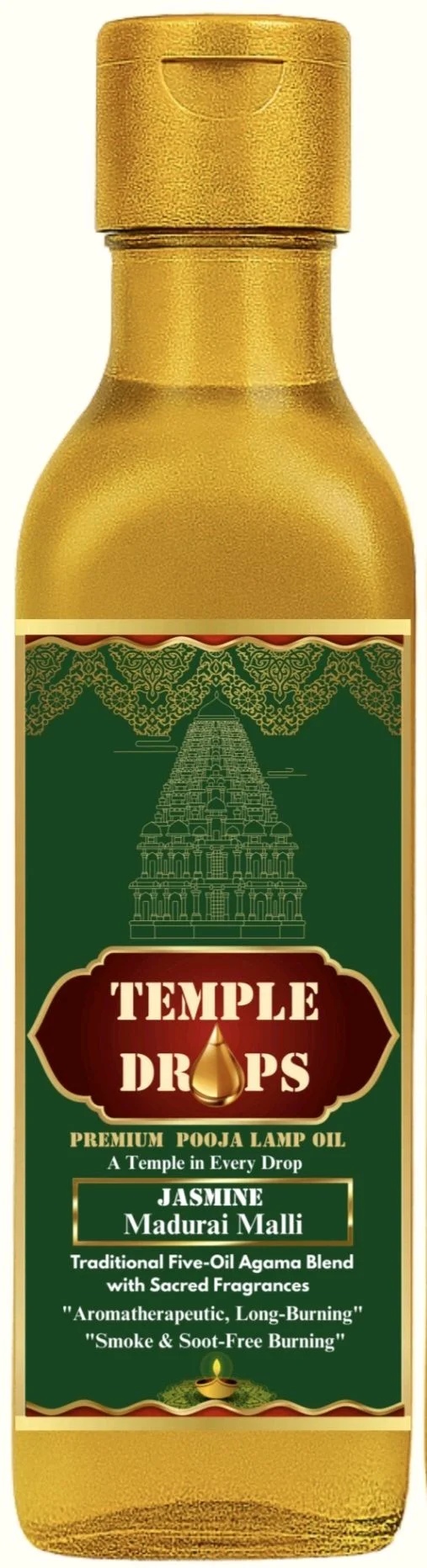 TEMPLE DROPS POOJA LAMP OIL 500Ml ML, JASMINE- Madurai Malli. Traditional Five-Oil Agama Blend with Sacred Fragrances "Aromatherapeutic, Long-Burning" "Smoke & Soot-Free Burning - Pine Green