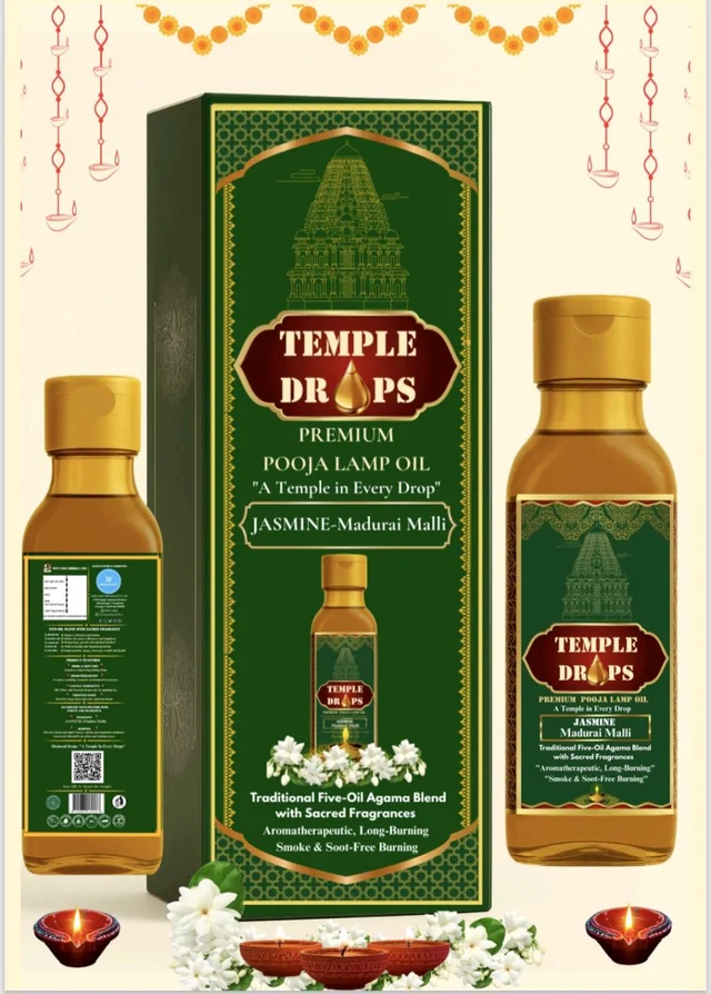 TEMPLE DROPS POOJA LAMP OIL 500Ml ML, JASMINE- Madurai Malli. Traditional Five-Oil Agama Blend with Sacred Fragrances "Aromatherapeutic, Long-Burning" "Smoke & Soot-Free Burning - Pine Green