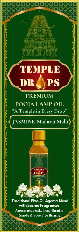 TEMPLE DROPS POOJA LAMP OIL 500Ml ML, JASMINE- Madurai Malli. Traditional Five-Oil Agama Blend with Sacred Fragrances "Aromatherapeutic, Long-Burning" "Smoke & Soot-Free Burning - Pine Green