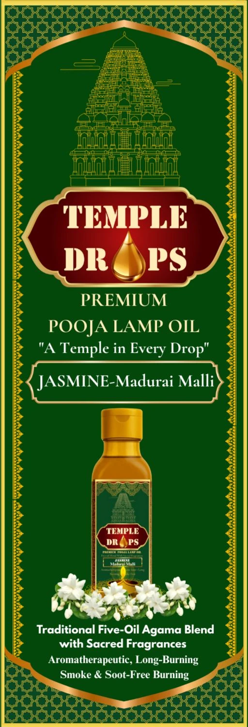 TEMPLE DROPS POOJA LAMP OIL 500Ml ML, JASMINE- Madurai Malli. Traditional Five-Oil Agama Blend with Sacred Fragrances "Aromatherapeutic, Long-Burning" "Smoke & Soot-Free Burning - Pine Green