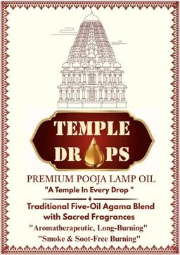 TEMPLE DROPS POOJA LAMP OIL 500Ml ML, JASMINE- Madurai Malli. Traditional Five-Oil Agama Blend with Sacred Fragrances "Aromatherapeutic, Long-Burning" "Smoke & Soot-Free Burning - Pine Green