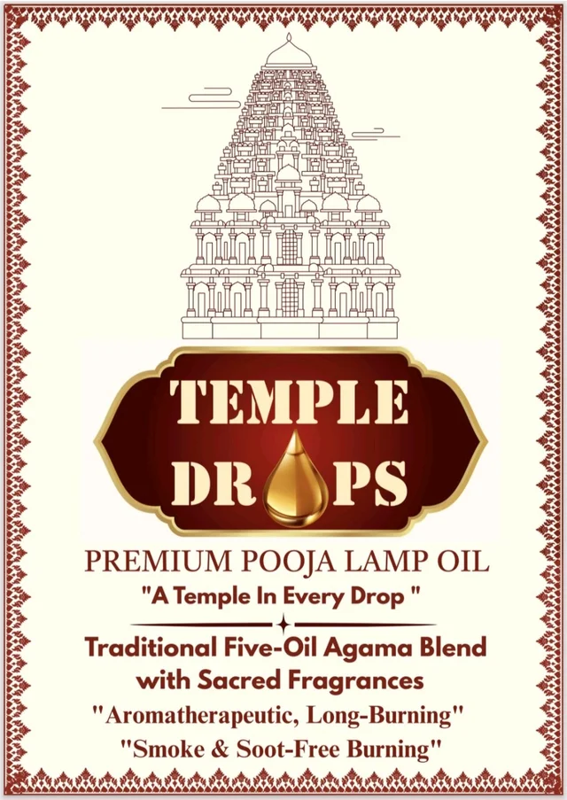 TEMPLE DROPS POOJA LAMP OIL 500Ml ML, JASMINE- Madurai Malli. Traditional Five-Oil Agama Blend with Sacred Fragrances "Aromatherapeutic, Long-Burning" "Smoke & Soot-Free Burning - Pine Green