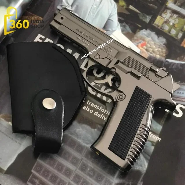 Metallic Gun/Pistol Shape Barrel Pull Back System & Holster Pocket Lighter Pocket Lighter | 608 Gun Lighter With Cover Pocket Lighter (Silver)