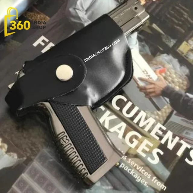 Metallic Gun/Pistol Shape Barrel Pull Back System & Holster Pocket Lighter Pocket Lighter | 608 Gun Lighter With Cover Pocket Lighter (Silver)