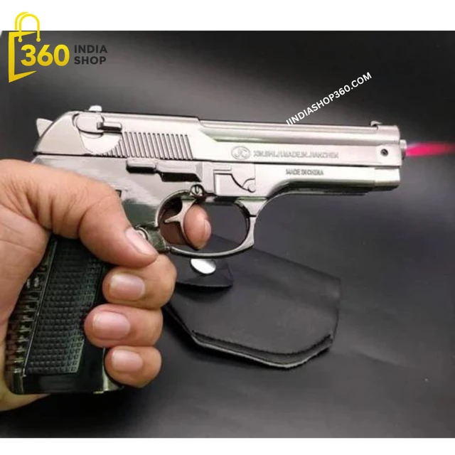 Metallic Gun/Pistol Shape Barrel Pull Back System & Holster Pocket Lighter Pocket Lighter | 608 Gun Lighter With Cover Pocket Lighter (Silver)