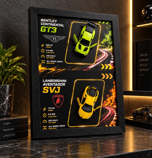 Bentley Continental GT3 & Lamborghini Aventador SVJ 3D Diecast Car Wall Frame