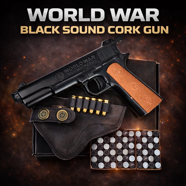 World War Black Sound Cork Gun Set with 60 Corks, 6 Golden Dummy Bullets & Holster Cover – Realistic Toy Pistol for Kids