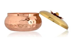 Decorative Brass and Copper Trinket Box with Lotus Flower Lid, 15 cm Diameter -
