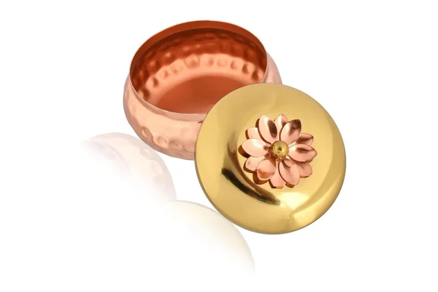 Decorative Brass and Copper Trinket Box with Lotus Flower Lid, 15 cm Diameter -