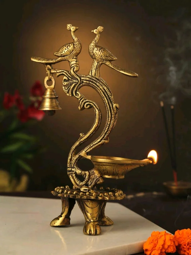 Brass Peacock Diya with Bell