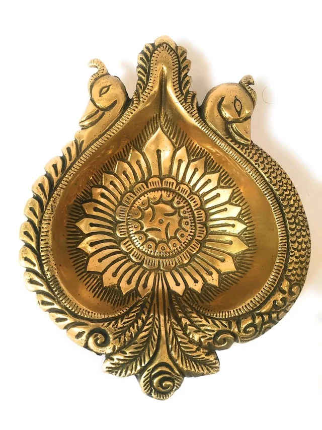 Traditional Brass Deepam with Peacock Carving