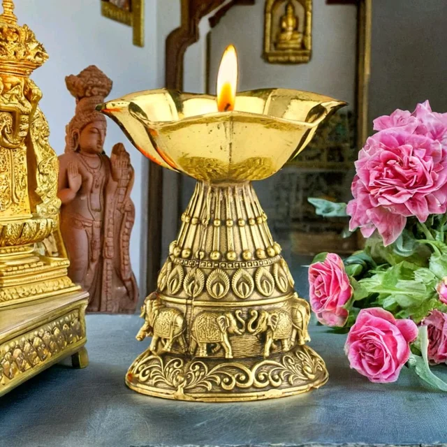Brass Deepak with Elephant Engraving
