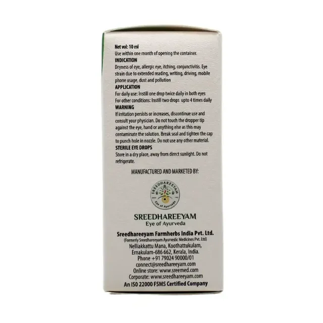 SREEDHAREEYAM Sunetra Regular Eye Drops - Sreedha - 10Ml