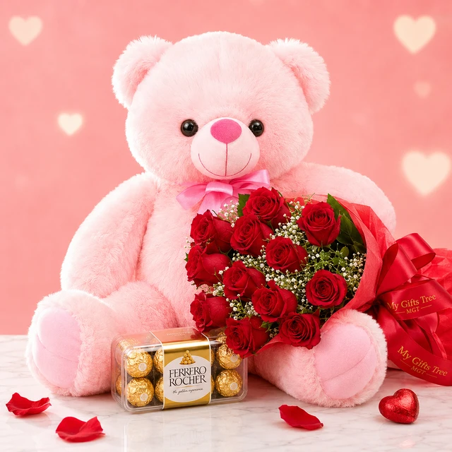 My Gifts Tree Pink Teddy with Red Roses